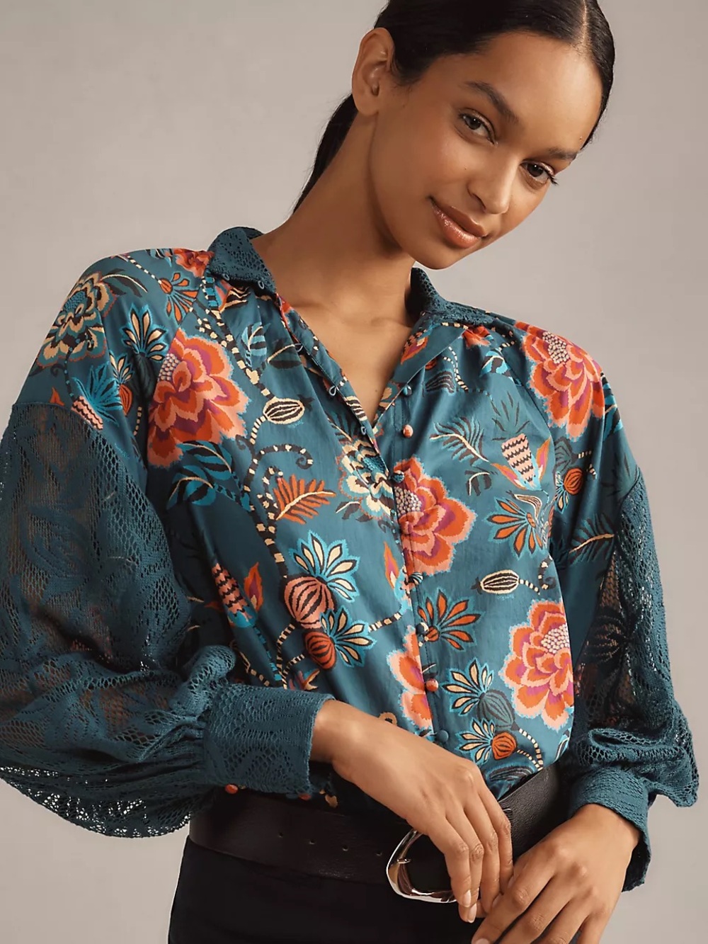 FARM Rio x Anthropology Long-Sleeve High-Neck Peasant Blouse